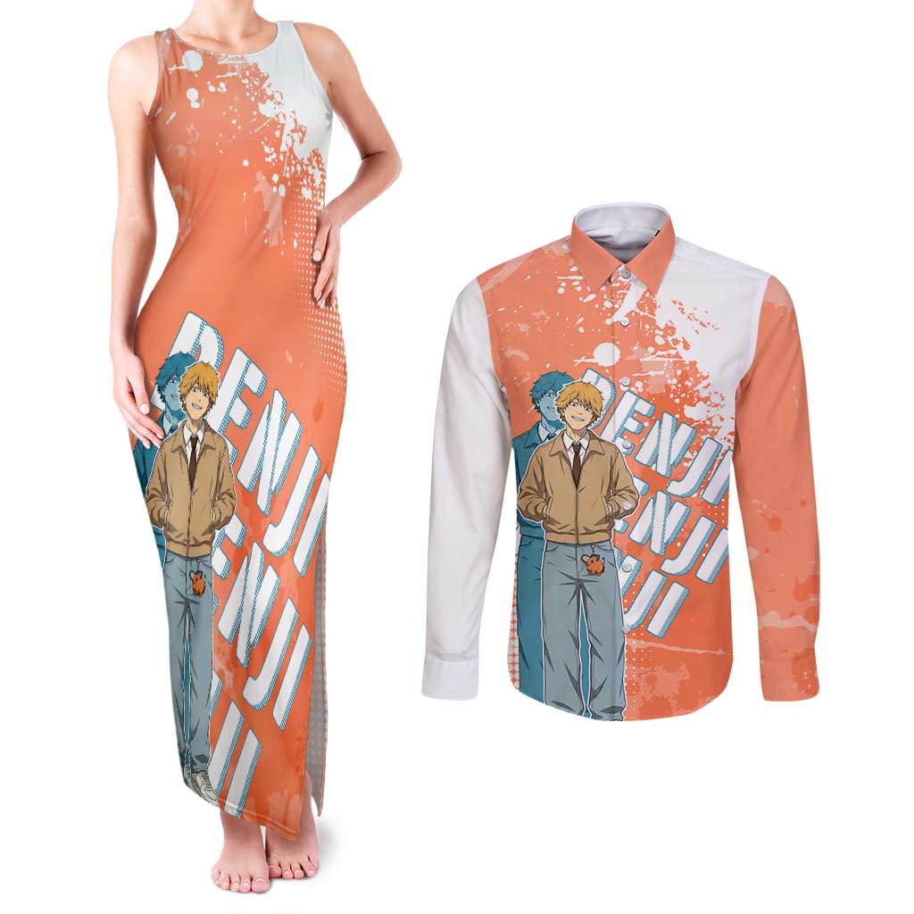 Denji Casual Chainsaw Man Couples Matching Tank Maxi Dress and Long Sleeve Button Shirt Retro Manga Grunge Style