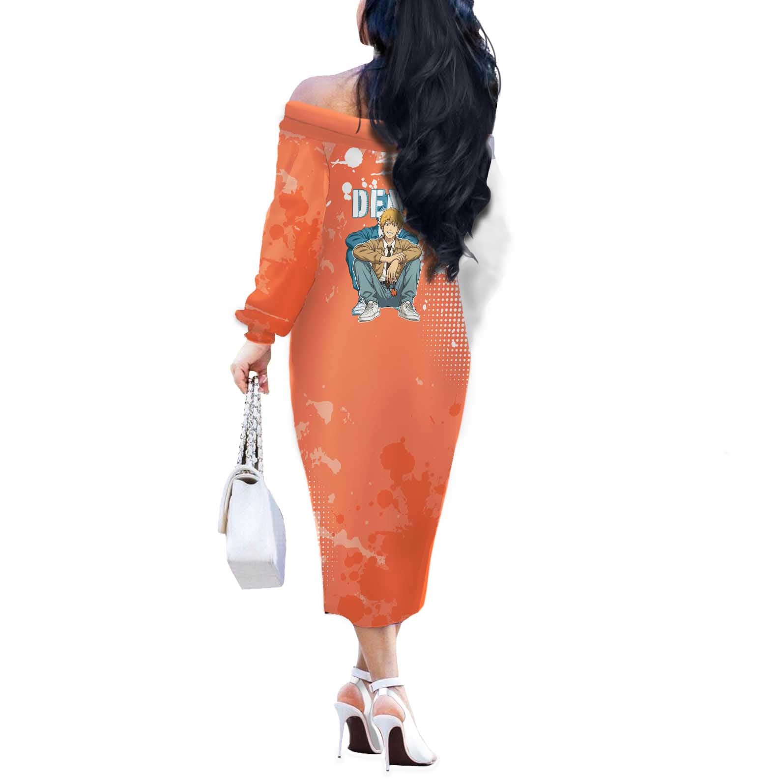 Denji Casual Chainsaw Man Off The Shoulder Long Sleeve Dress Retro Manga Grunge Style