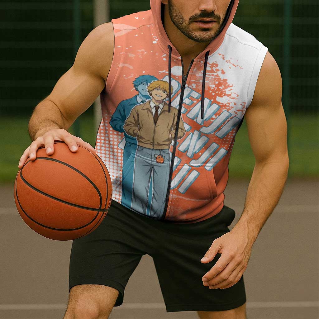 Denji Casual Chainsaw Man Sleeveless Zip Hoodie Retro Manga Grunge Style