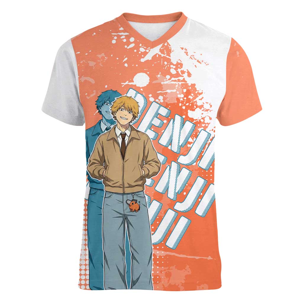 Denji Casual Chainsaw Man Women V-Neck T-Shirt Retro Manga Grunge Style