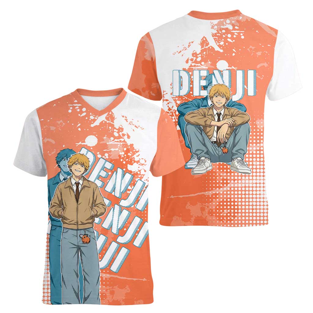 Denji Casual Chainsaw Man Women V-Neck T-Shirt Retro Manga Grunge Style