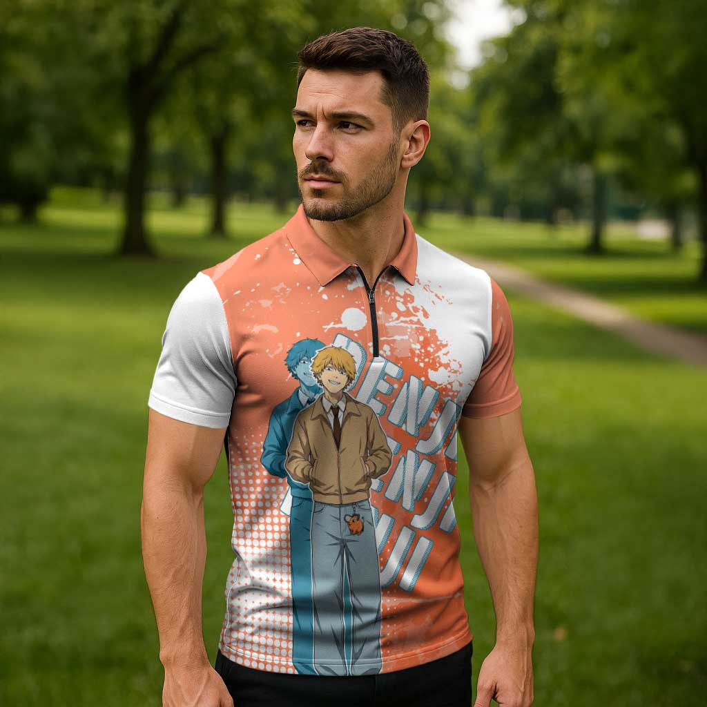 Denji Casual Chainsaw Man Zipper Polo Shirt Retro Manga Grunge Style
