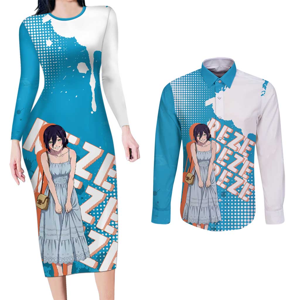 Reze Chainsaw Man Aesthetic Couples Matching Long Sleeve Bodycon Dress and Long Sleeve Button Shirt Soft Anime Grunge Style with Flowers