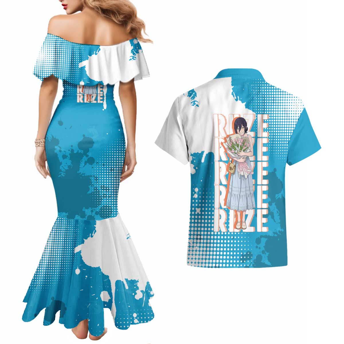 Reze Chainsaw Man Aesthetic Couples Matching Mermaid Dress and Hawaiian Shirt Soft Anime Grunge Style with Flowers