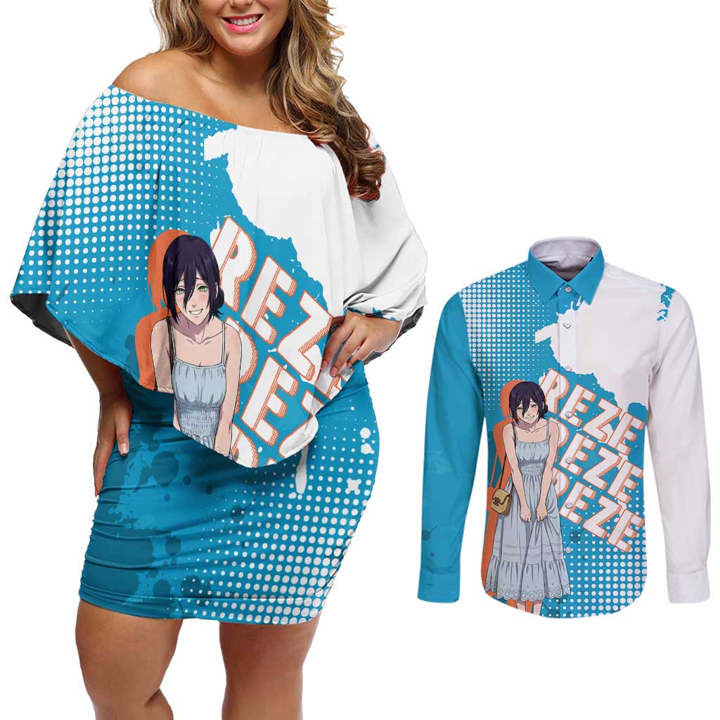 Reze Chainsaw Man Aesthetic Couples Matching Off Shoulder Short Dress and Long Sleeve Button Shirt Soft Anime Grunge Style with Flowers