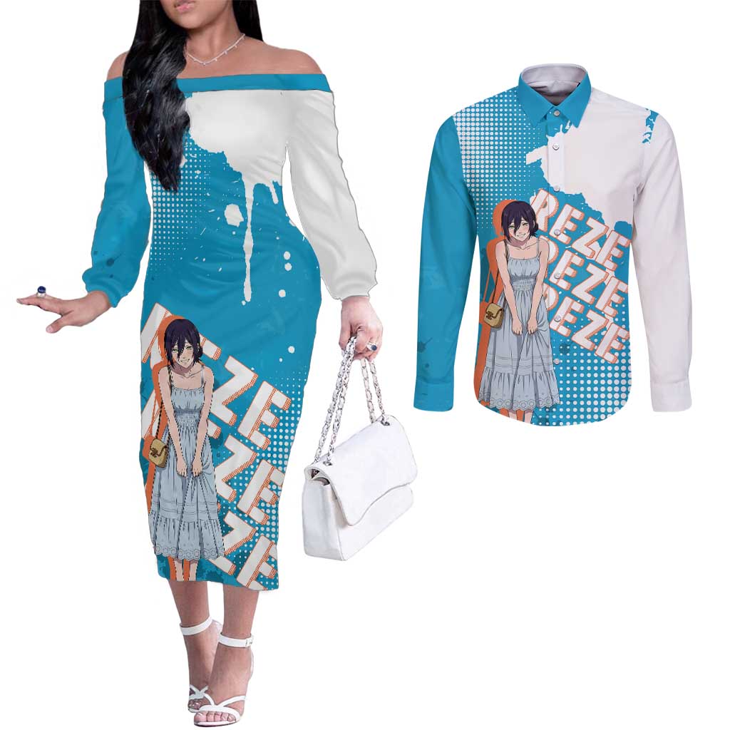 Reze Chainsaw Man Aesthetic Couples Matching Off The Shoulder Long Sleeve Dress and Long Sleeve Button Shirt Soft Anime Grunge Style with Flowers