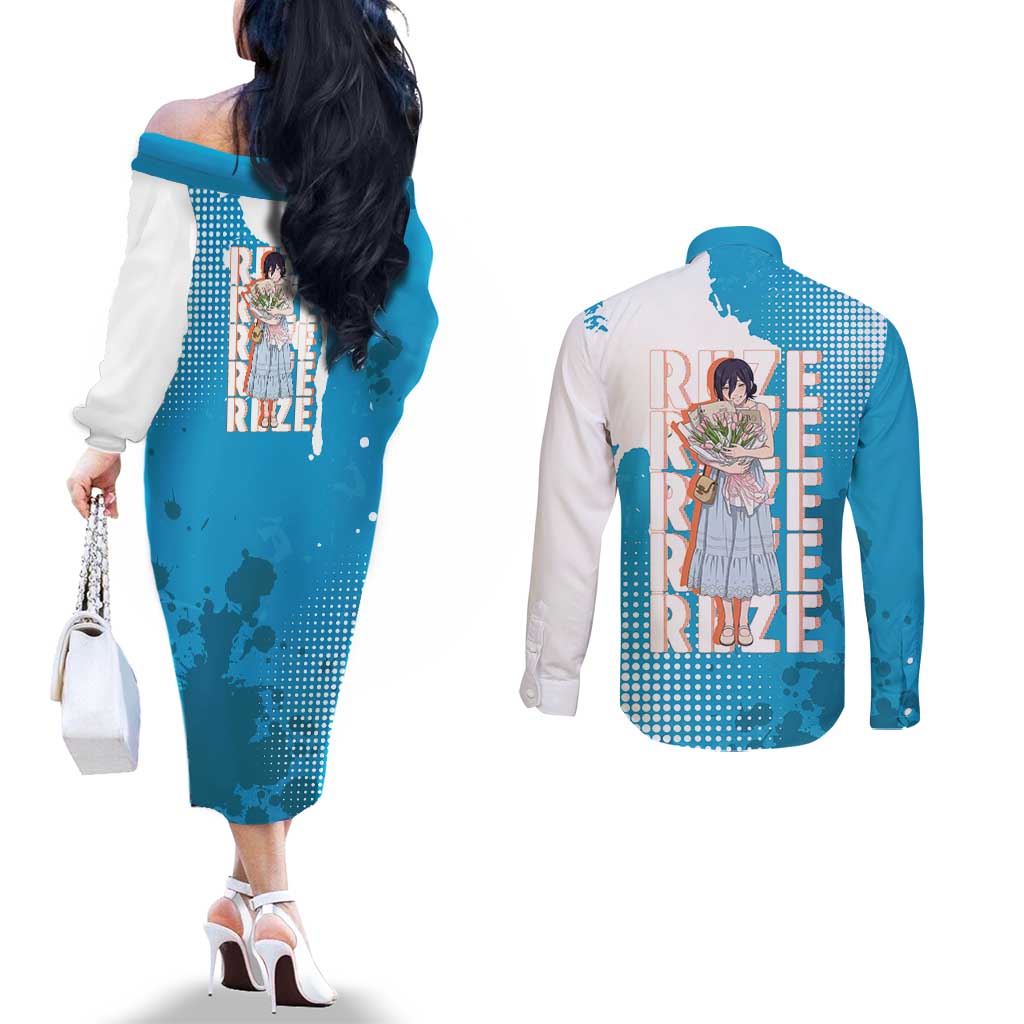 Reze Chainsaw Man Aesthetic Couples Matching Off The Shoulder Long Sleeve Dress and Long Sleeve Button Shirt Soft Anime Grunge Style with Flowers
