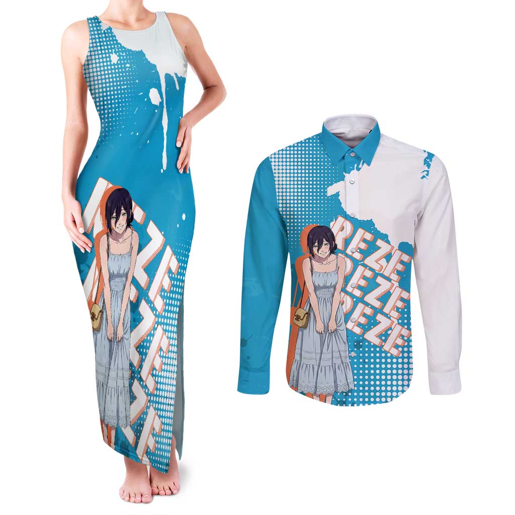 Reze Chainsaw Man Aesthetic Couples Matching Tank Maxi Dress and Long Sleeve Button Shirt Soft Anime Grunge Style with Flowers