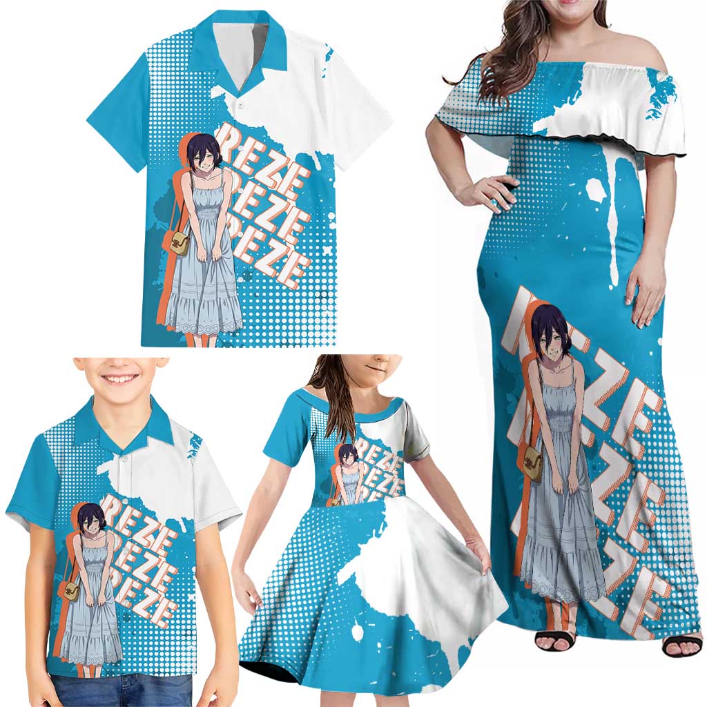 Reze Chainsaw Man Aesthetic Family Matching Off Shoulder Maxi Dress and Hawaiian Shirt Soft Anime Grunge Style with Flowers