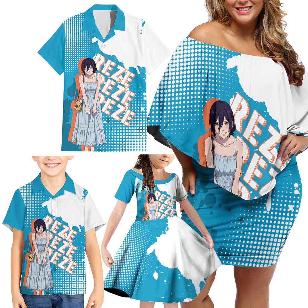 Reze Chainsaw Man Aesthetic Family Matching Off Shoulder Short Dress and Hawaiian Shirt Soft Anime Grunge Style with Flowers