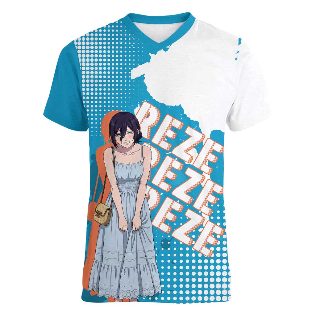 Reze Chainsaw Man Aesthetic Women V-Neck T-Shirt Soft Anime Grunge Style with Flowers