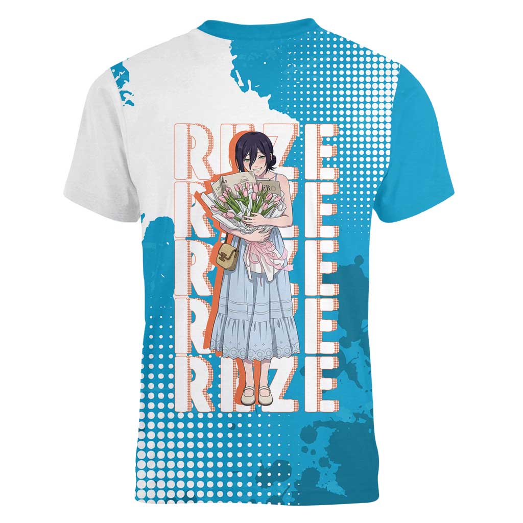 Reze Chainsaw Man Aesthetic Women V-Neck T-Shirt Soft Anime Grunge Style with Flowers