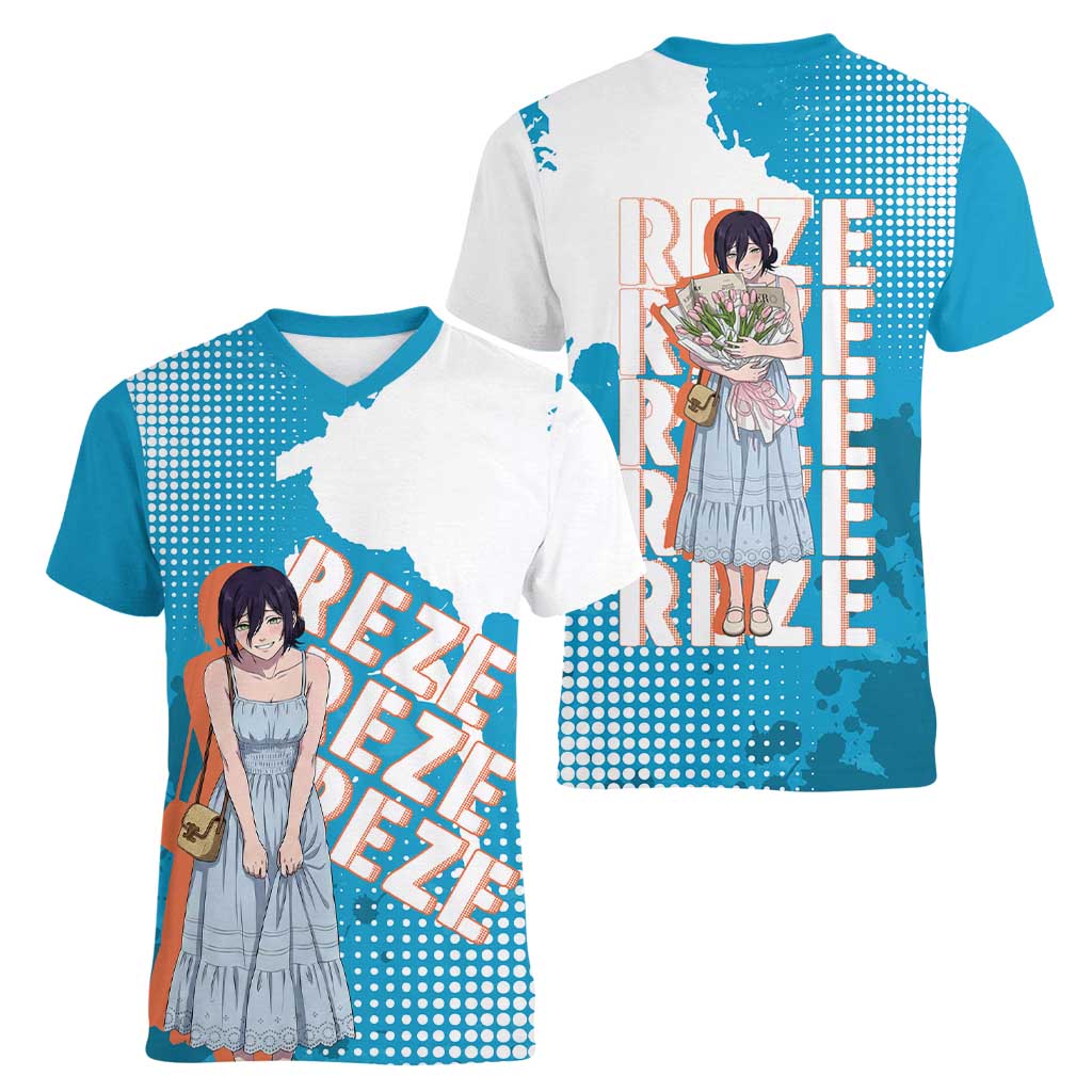 Reze Chainsaw Man Aesthetic Women V-Neck T-Shirt Soft Anime Grunge Style with Flowers