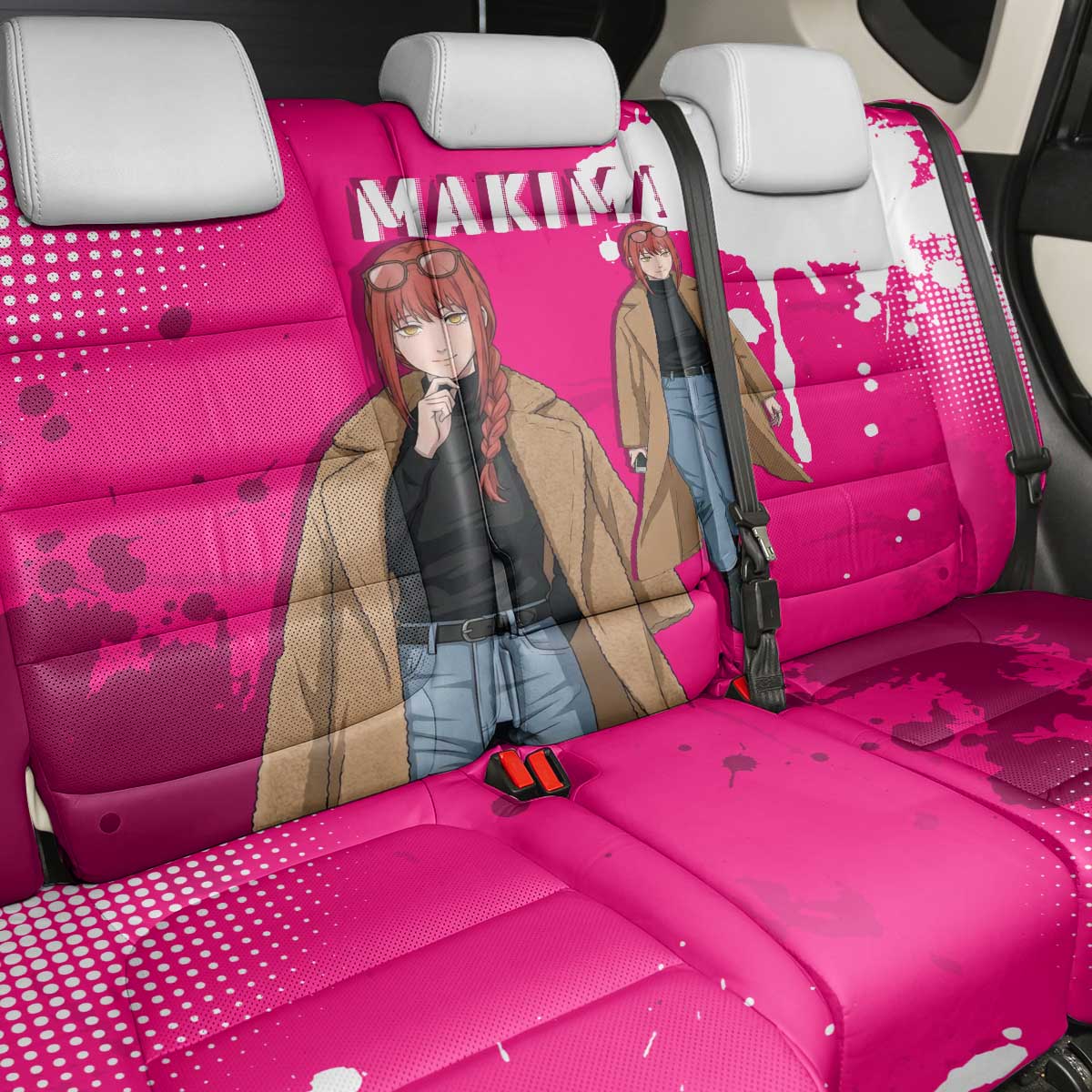 Makima Chainsaw Man Street Style Back Car Seat Cover Bold Anime Grunge Aesthetic in Hot Pink