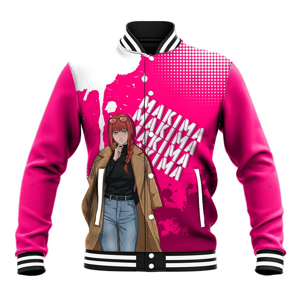 Makima Chainsaw Man Street Style Baseball Jacket Bold Anime Grunge Aesthetic in Hot Pink