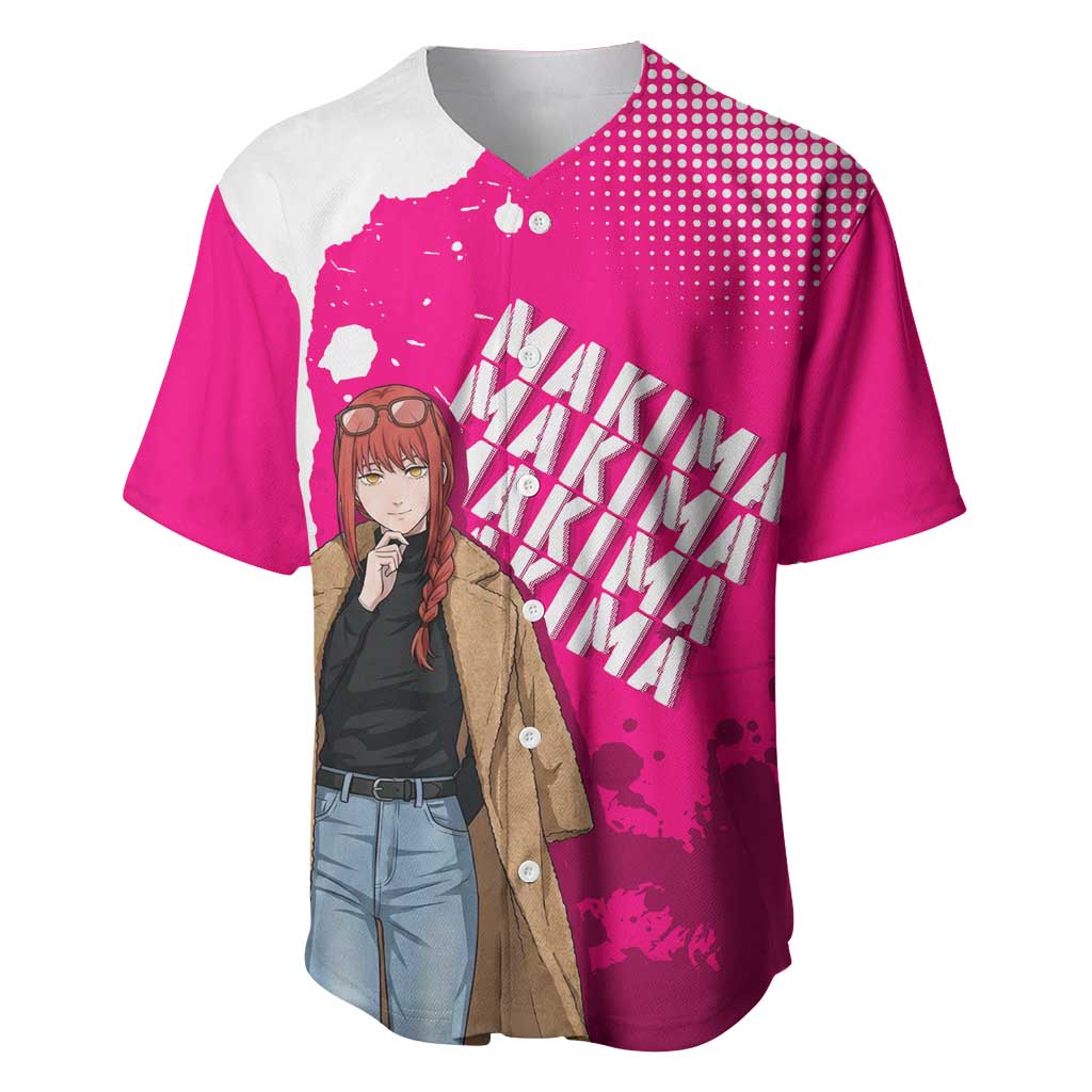 Makima Chainsaw Man Street Style Baseball Jersey Bold Anime Grunge Aesthetic in Hot Pink