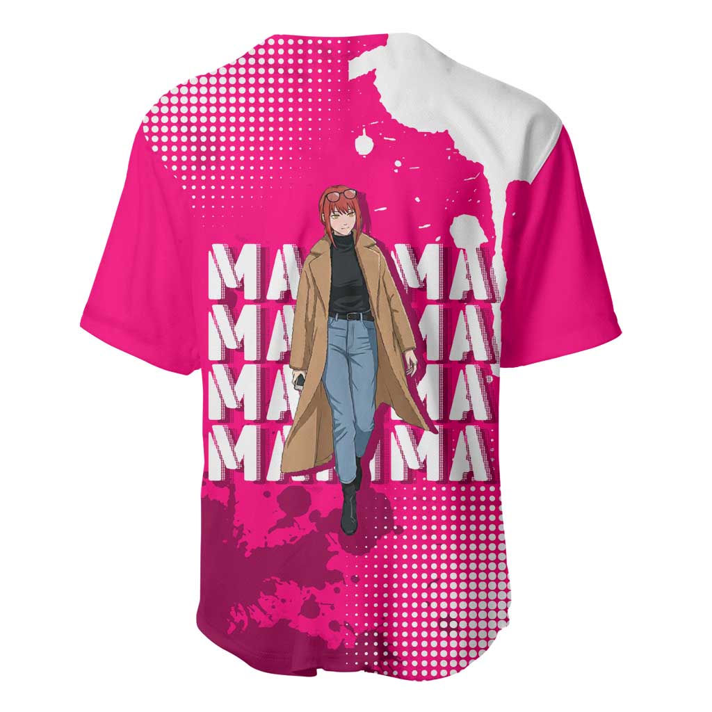 Makima Chainsaw Man Street Style Baseball Jersey Bold Anime Grunge Aesthetic in Hot Pink