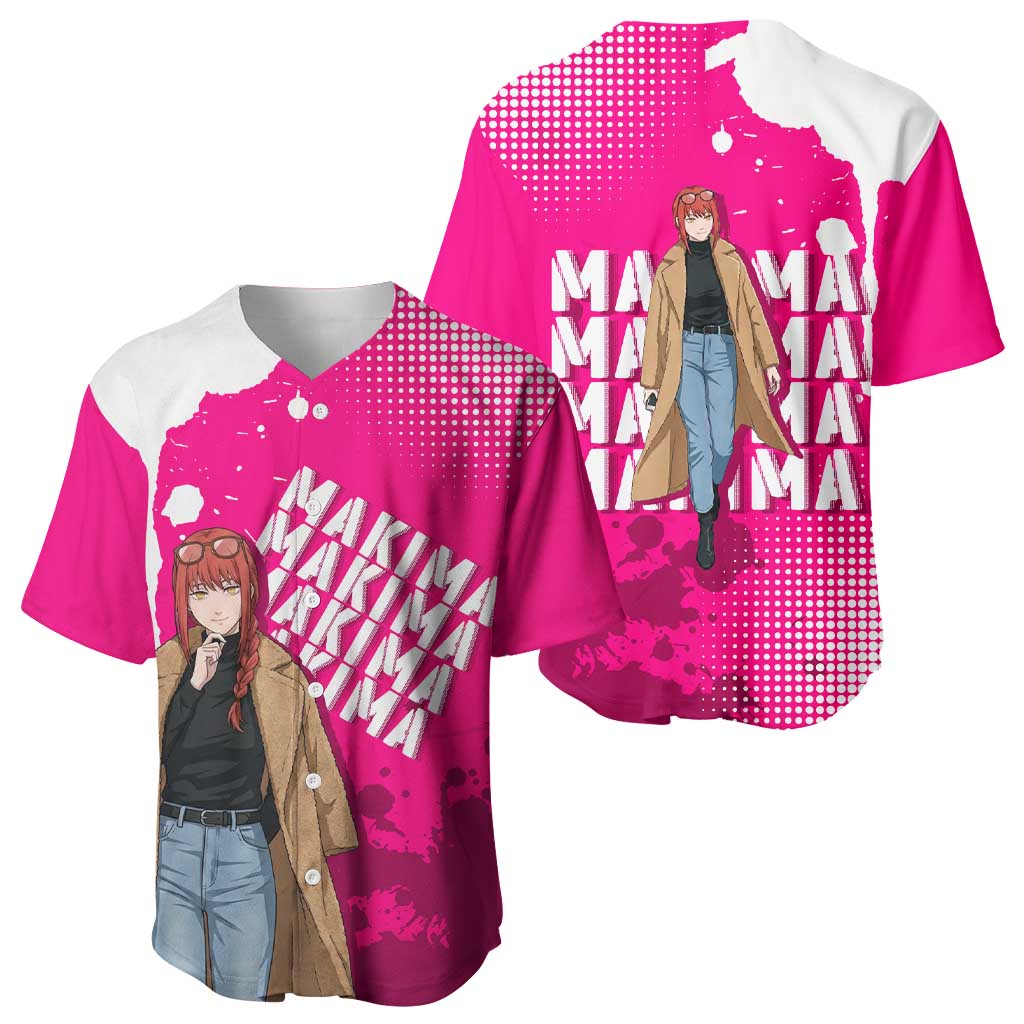 Makima Chainsaw Man Street Style Baseball Jersey Bold Anime Grunge Aesthetic in Hot Pink