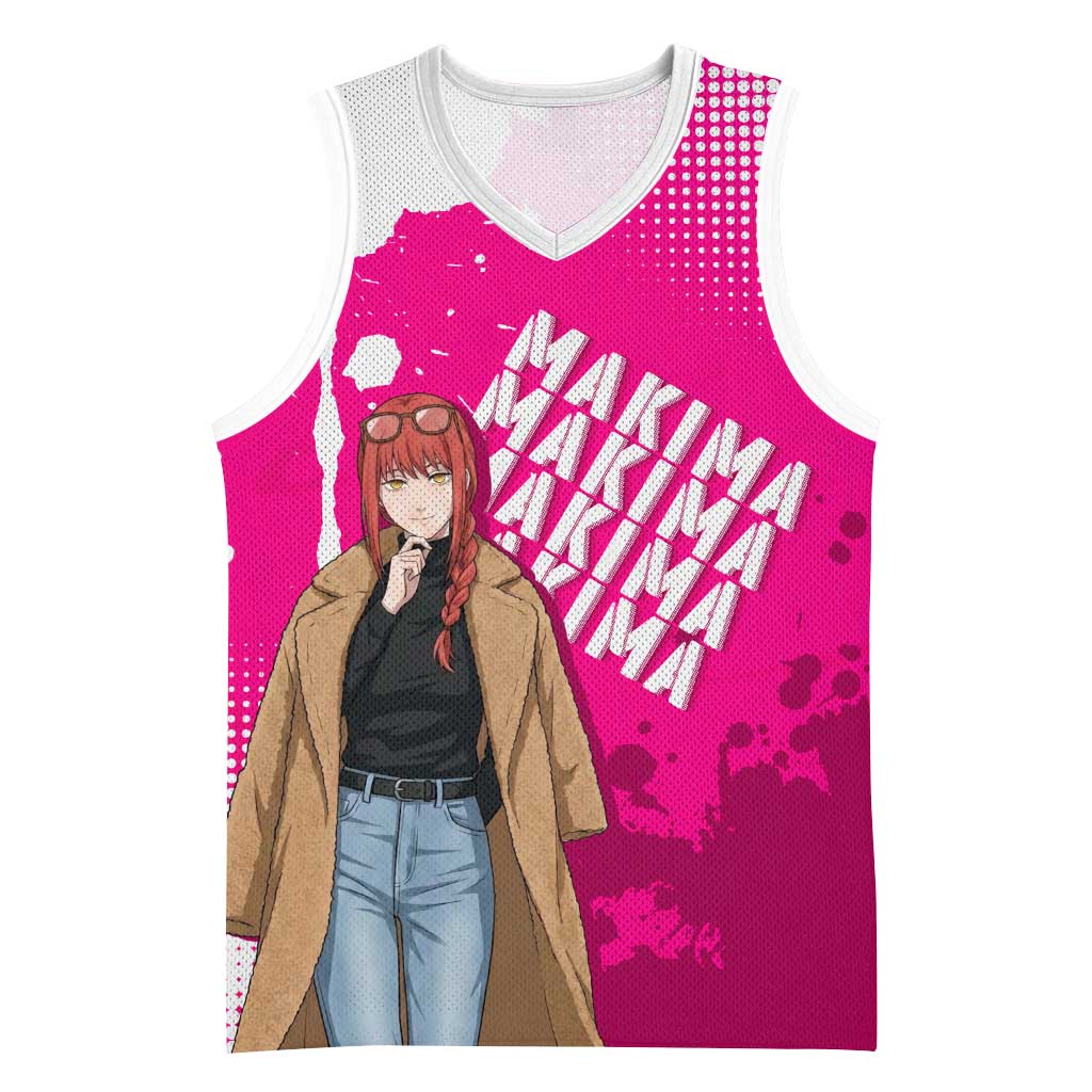 Makima Chainsaw Man Street Style Basketball Jersey Bold Anime Grunge Aesthetic in Hot Pink