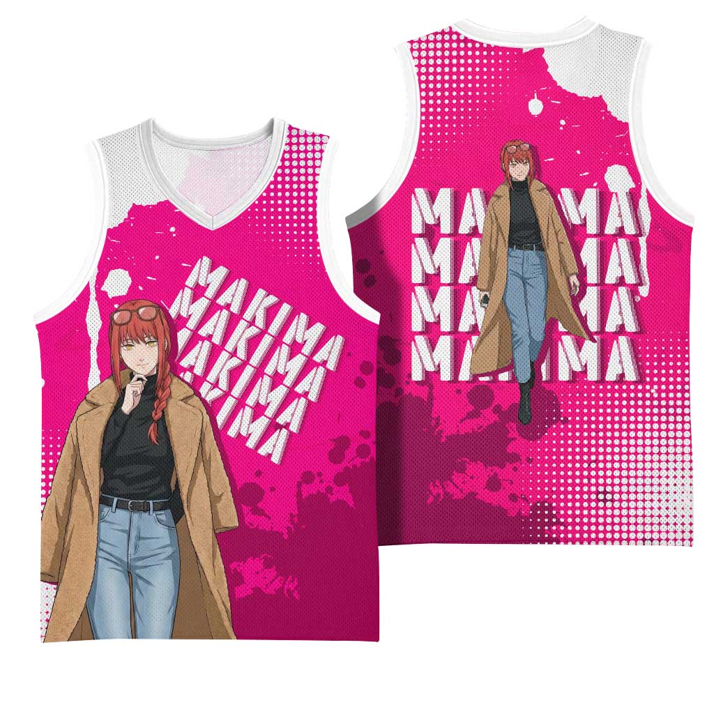 Makima Chainsaw Man Street Style Basketball Jersey Bold Anime Grunge Aesthetic in Hot Pink