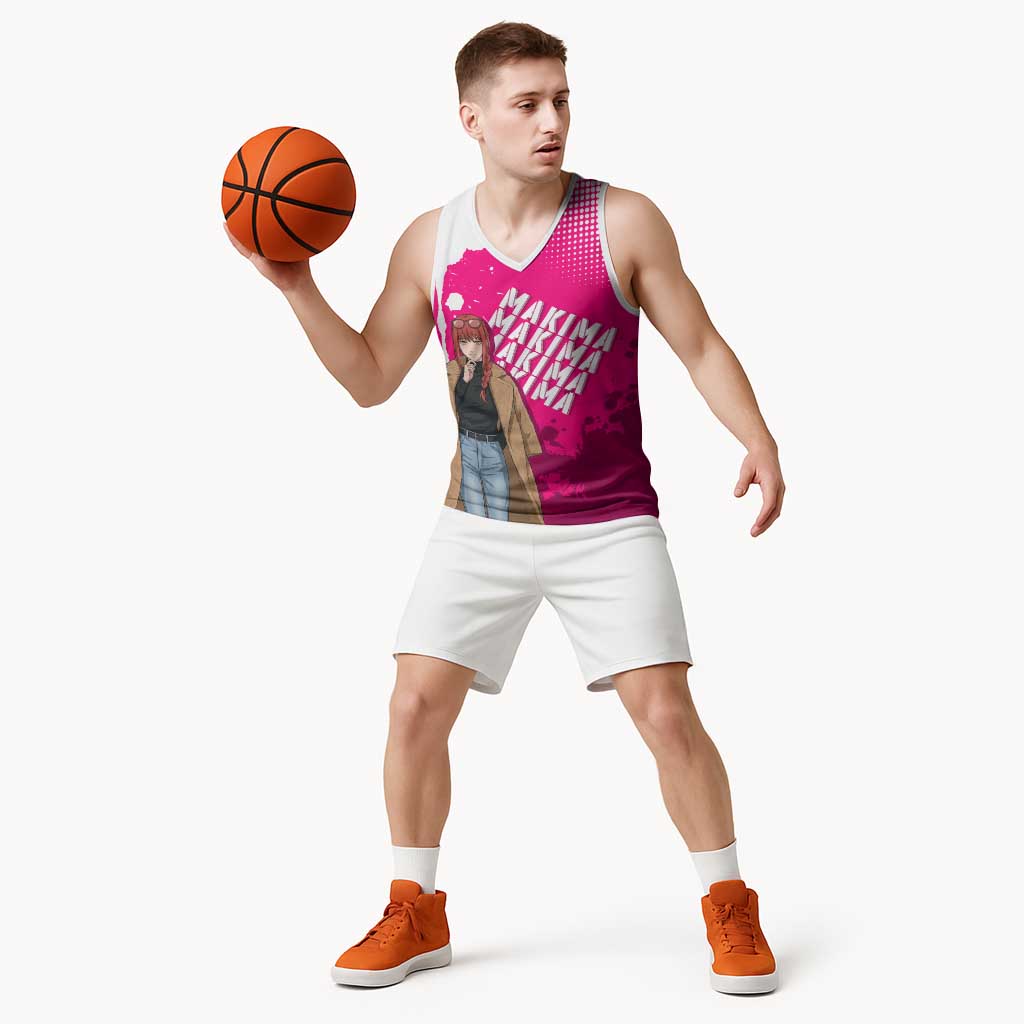 Makima Chainsaw Man Street Style Basketball Jersey Bold Anime Grunge Aesthetic in Hot Pink