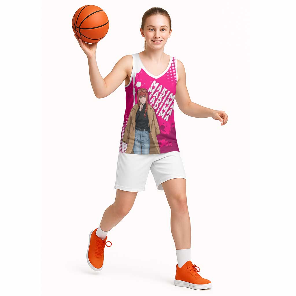 Makima Chainsaw Man Street Style Basketball Jersey Bold Anime Grunge Aesthetic in Hot Pink