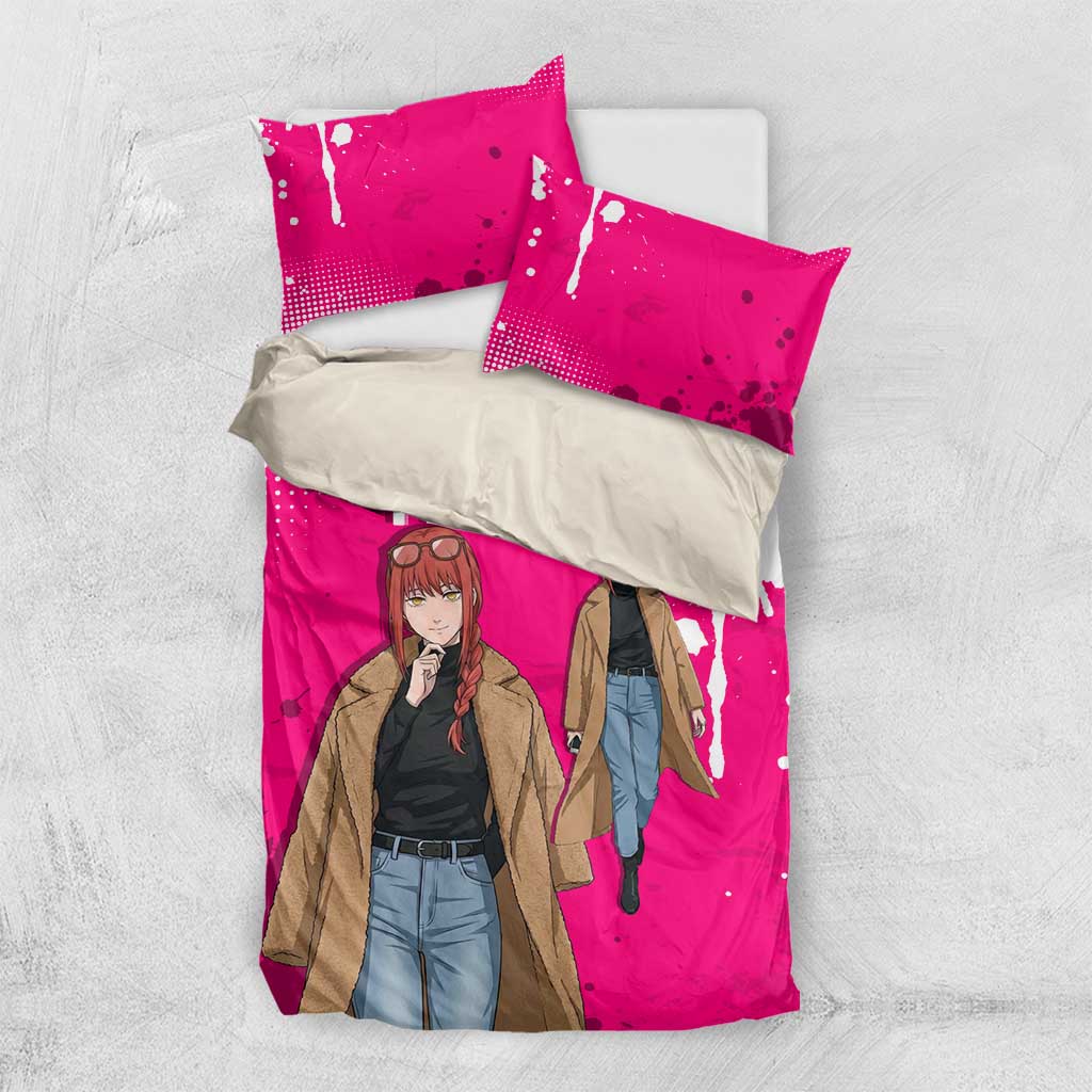 Makima Chainsaw Man Street Style Bedding Set Bold Anime Grunge Aesthetic in Hot Pink