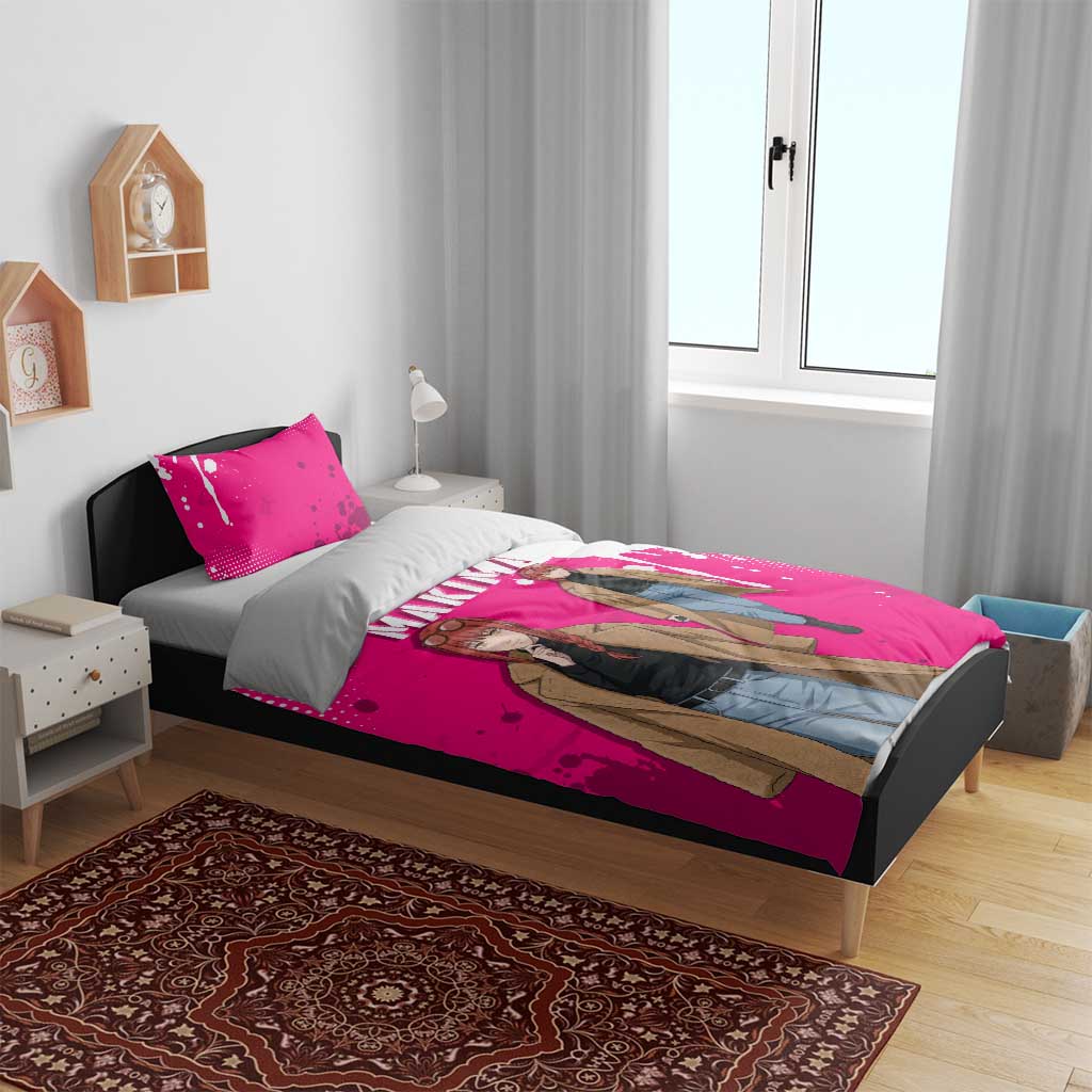 Makima Chainsaw Man Street Style Bedding Set Bold Anime Grunge Aesthetic in Hot Pink