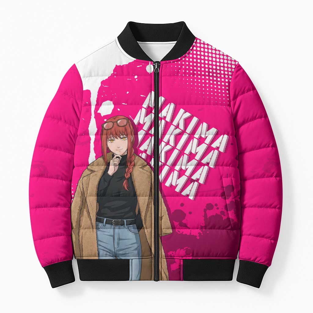 Makima Chainsaw Man Street Style Bomber Puffer Jacket Bold Anime Grunge Aesthetic in Hot Pink