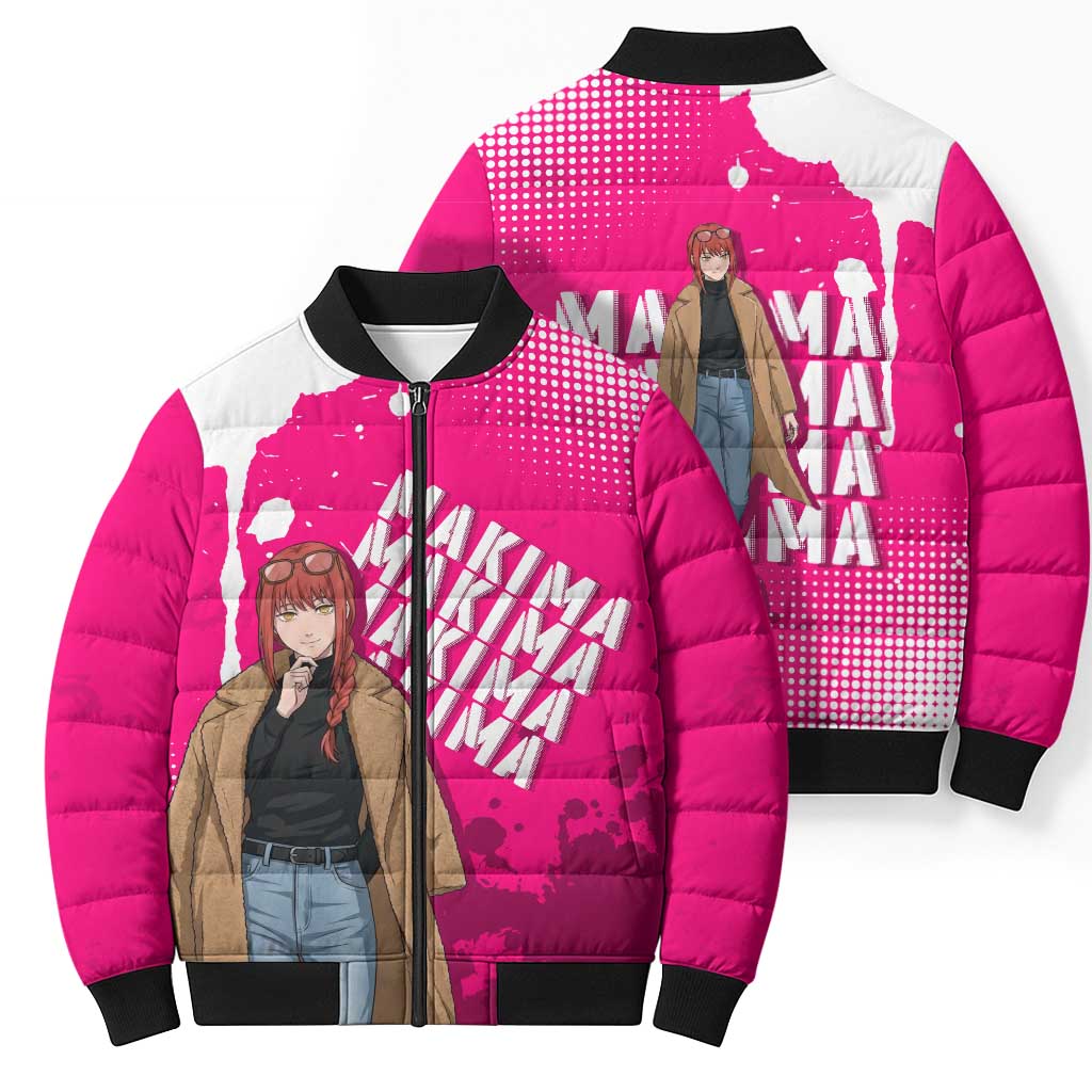 Makima Chainsaw Man Street Style Bomber Puffer Jacket Bold Anime Grunge Aesthetic in Hot Pink