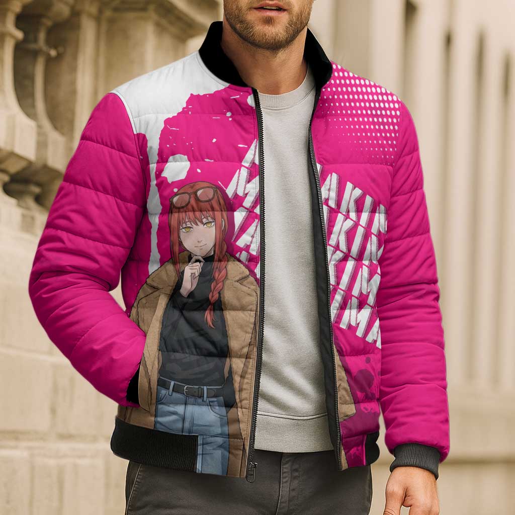 Makima Chainsaw Man Street Style Bomber Puffer Jacket Bold Anime Grunge Aesthetic in Hot Pink