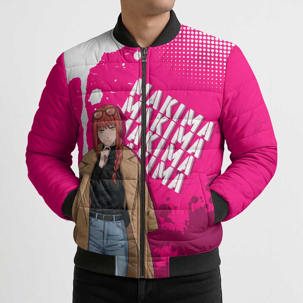 Makima Chainsaw Man Street Style Bomber Puffer Jacket Bold Anime Grunge Aesthetic in Hot Pink