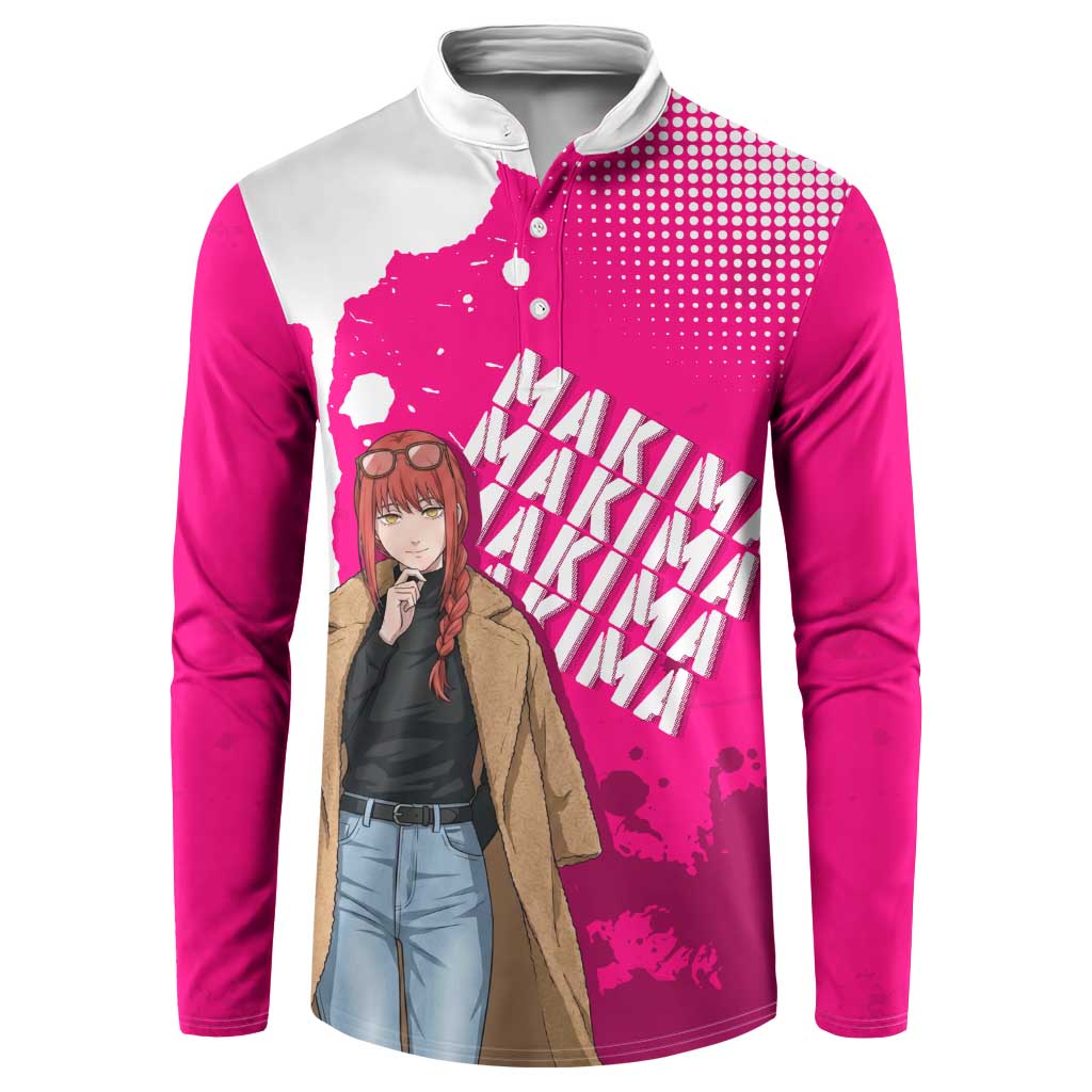 Makima Chainsaw Man Street Style Button Sweatshirt Bold Anime Grunge Aesthetic in Hot Pink