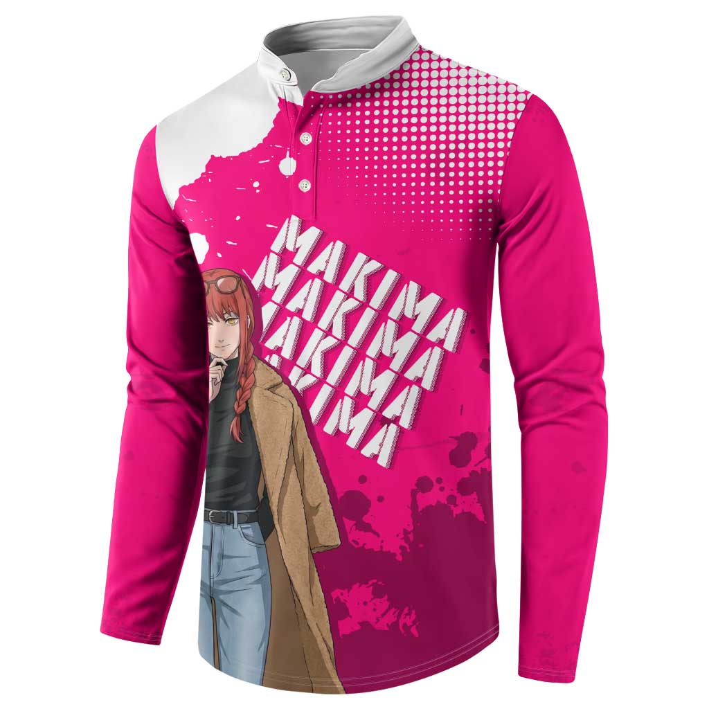 Makima Chainsaw Man Street Style Button Sweatshirt Bold Anime Grunge Aesthetic in Hot Pink