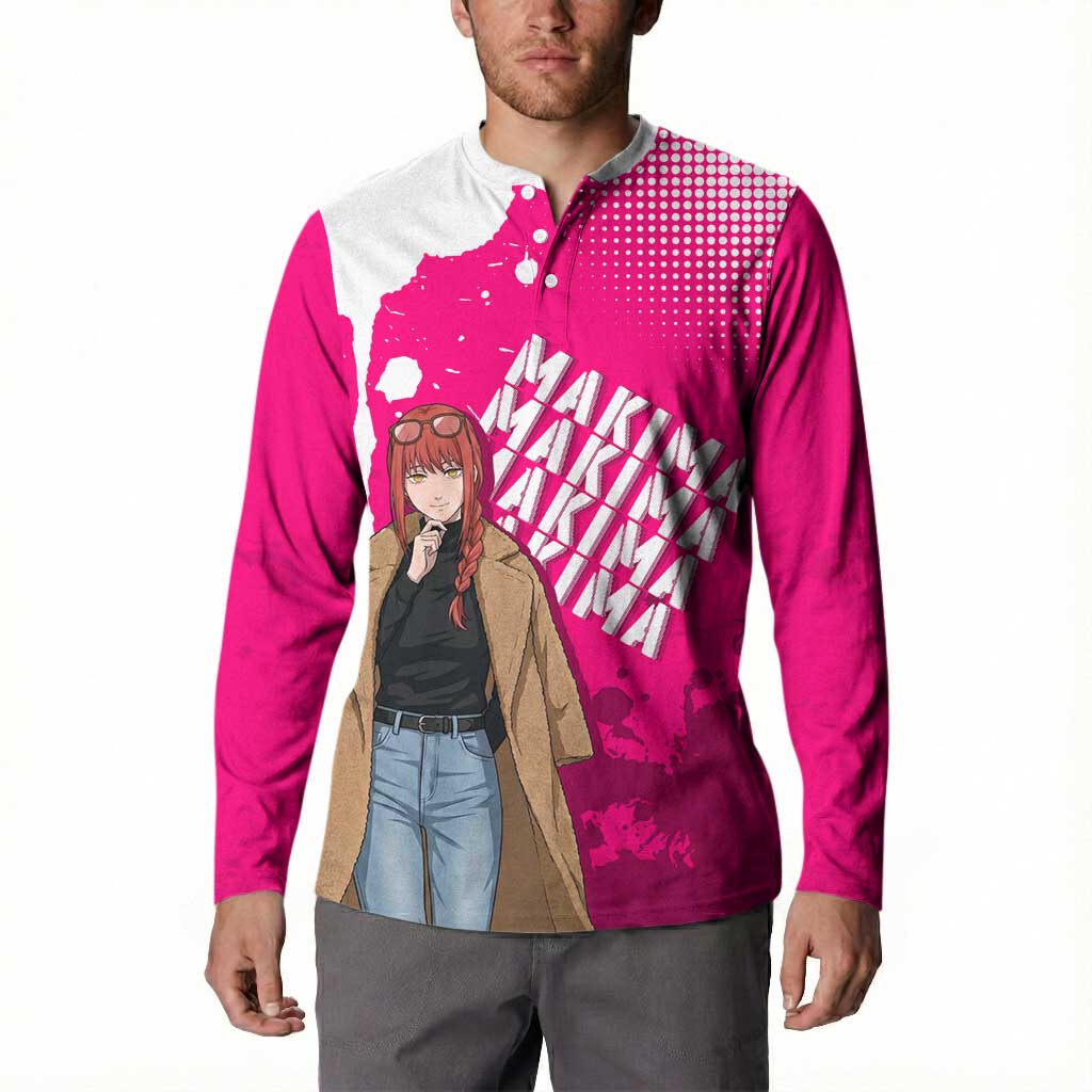 Makima Chainsaw Man Street Style Button Sweatshirt Bold Anime Grunge Aesthetic in Hot Pink