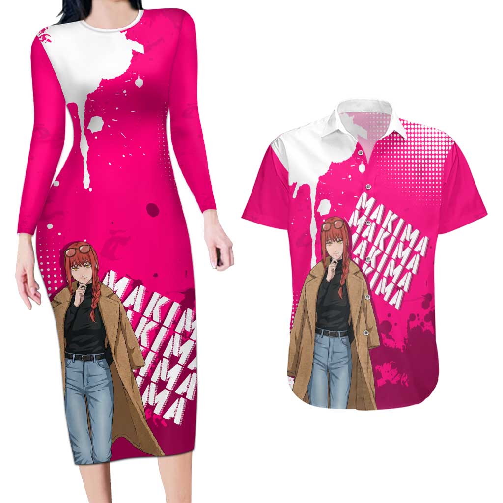 Makima Chainsaw Man Street Style Couples Matching Long Sleeve Bodycon Dress and Hawaiian Shirt Bold Anime Grunge Aesthetic in Hot Pink