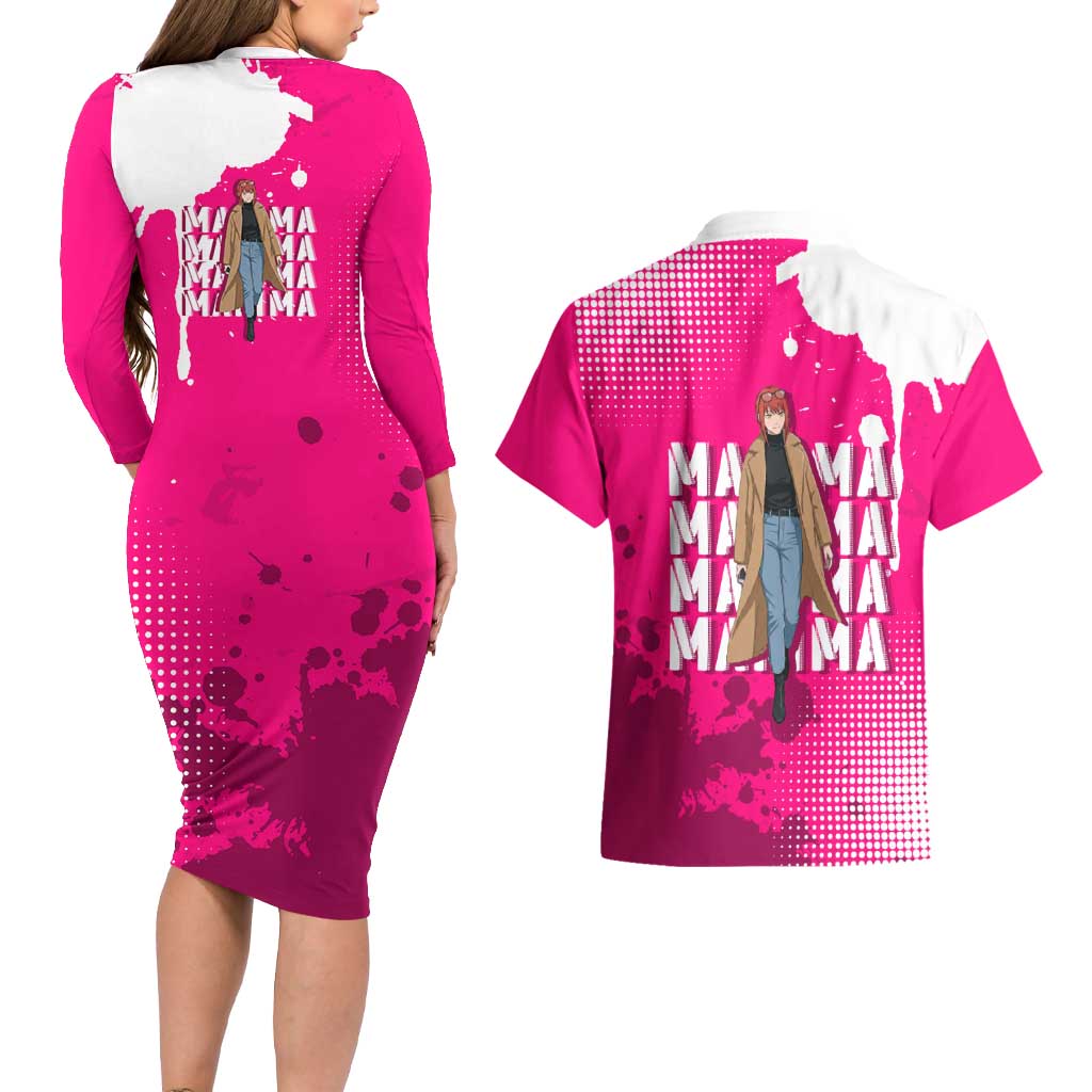 Makima Chainsaw Man Street Style Couples Matching Long Sleeve Bodycon Dress and Hawaiian Shirt Bold Anime Grunge Aesthetic in Hot Pink