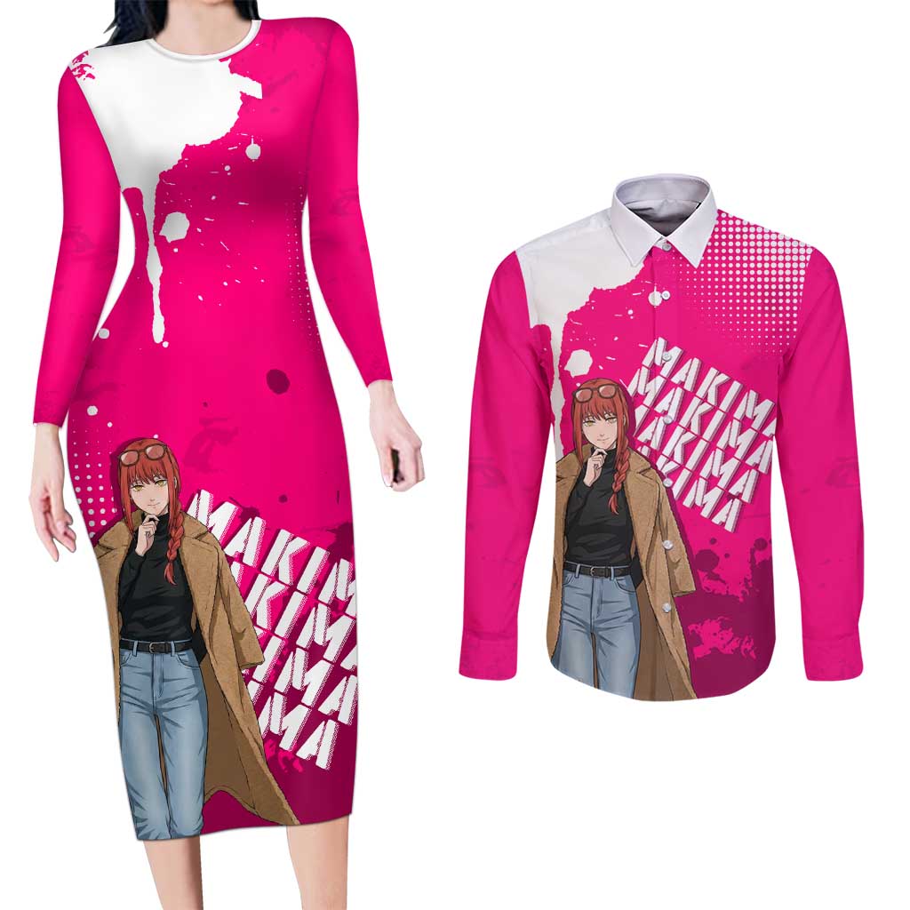 Makima Chainsaw Man Street Style Couples Matching Long Sleeve Bodycon Dress and Long Sleeve Button Shirt Bold Anime Grunge Aesthetic in Hot Pink
