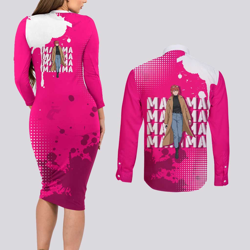Makima Chainsaw Man Street Style Couples Matching Long Sleeve Bodycon Dress and Long Sleeve Button Shirt Bold Anime Grunge Aesthetic in Hot Pink