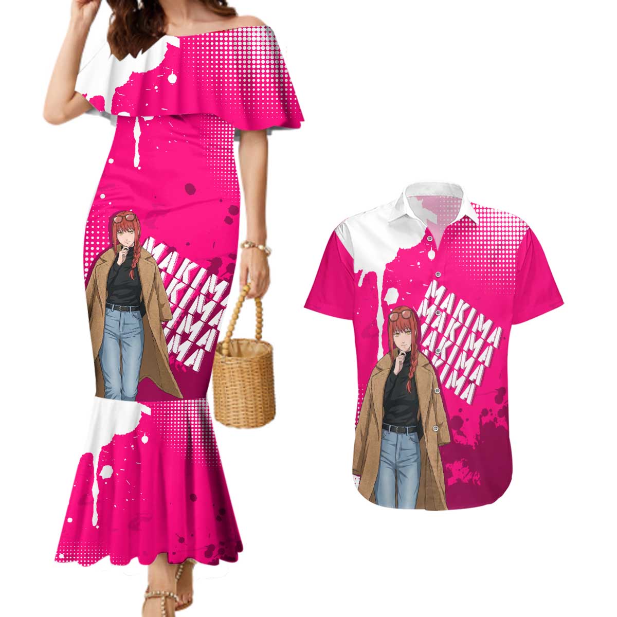 Makima Chainsaw Man Street Style Couples Matching Mermaid Dress and Hawaiian Shirt Bold Anime Grunge Aesthetic in Hot Pink