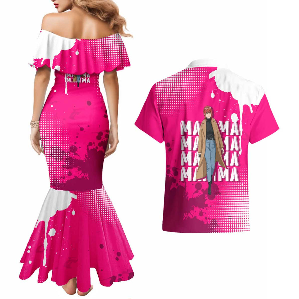 Makima Chainsaw Man Street Style Couples Matching Mermaid Dress and Hawaiian Shirt Bold Anime Grunge Aesthetic in Hot Pink