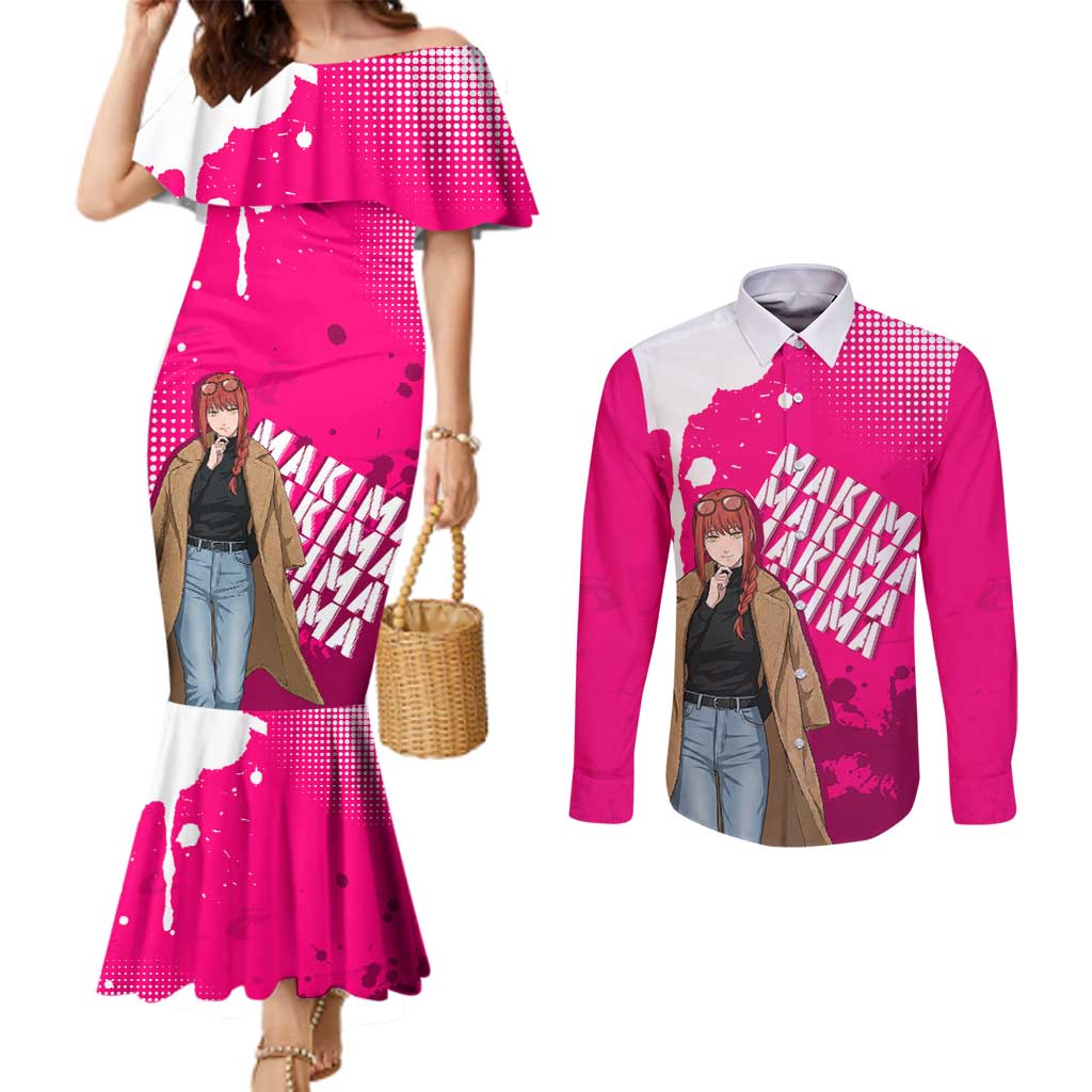 Makima Chainsaw Man Street Style Couples Matching Mermaid Dress and Long Sleeve Button Shirt Bold Anime Grunge Aesthetic in Hot Pink