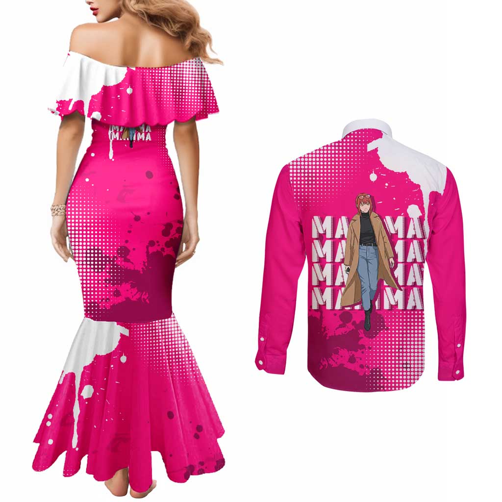 Makima Chainsaw Man Street Style Couples Matching Mermaid Dress and Long Sleeve Button Shirt Bold Anime Grunge Aesthetic in Hot Pink