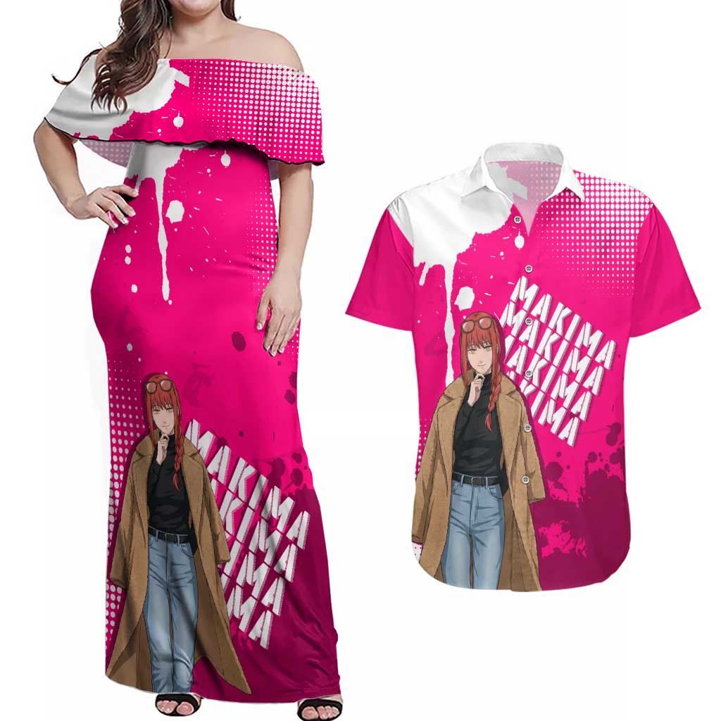 Makima Chainsaw Man Street Style Couples Matching Off Shoulder Maxi Dress and Hawaiian Shirt Bold Anime Grunge Aesthetic in Hot Pink