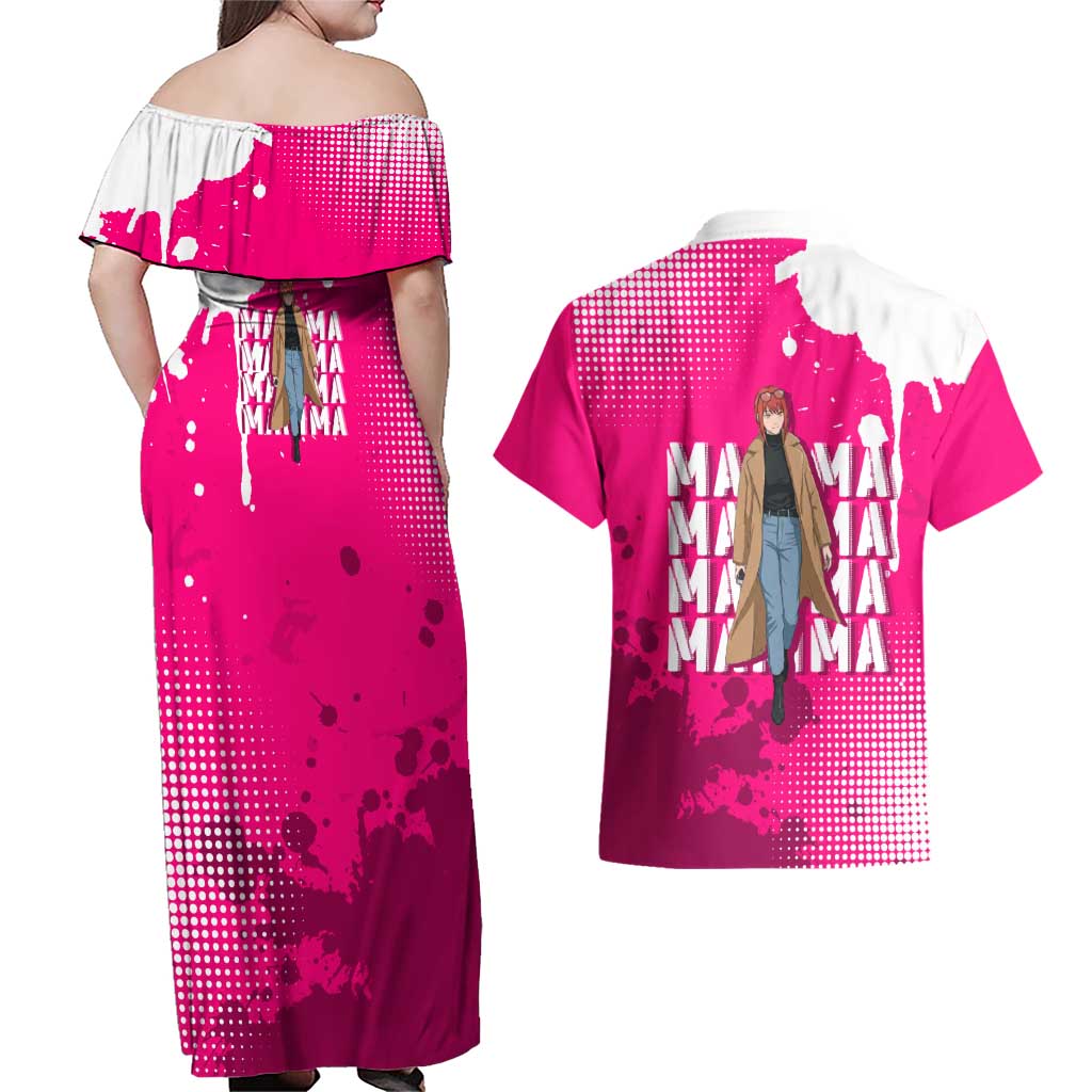 Makima Chainsaw Man Street Style Couples Matching Off Shoulder Maxi Dress and Hawaiian Shirt Bold Anime Grunge Aesthetic in Hot Pink