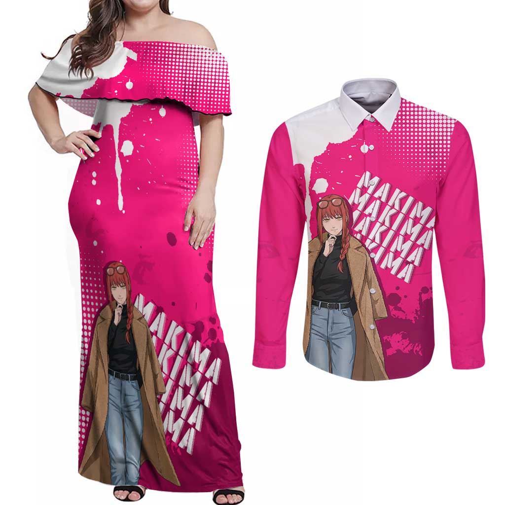 Makima Chainsaw Man Street Style Couples Matching Off Shoulder Maxi Dress and Long Sleeve Button Shirt Bold Anime Grunge Aesthetic in Hot Pink