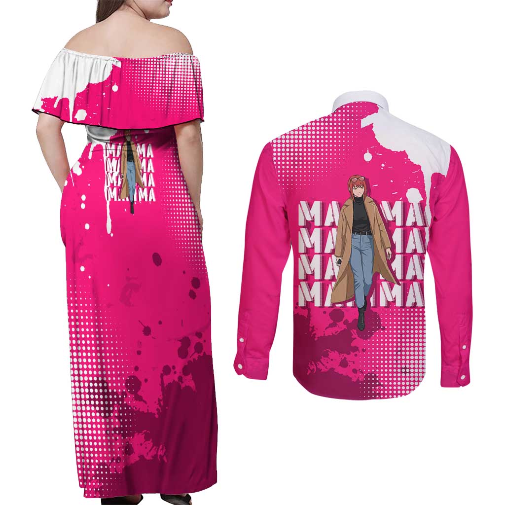 Makima Chainsaw Man Street Style Couples Matching Off Shoulder Maxi Dress and Long Sleeve Button Shirt Bold Anime Grunge Aesthetic in Hot Pink