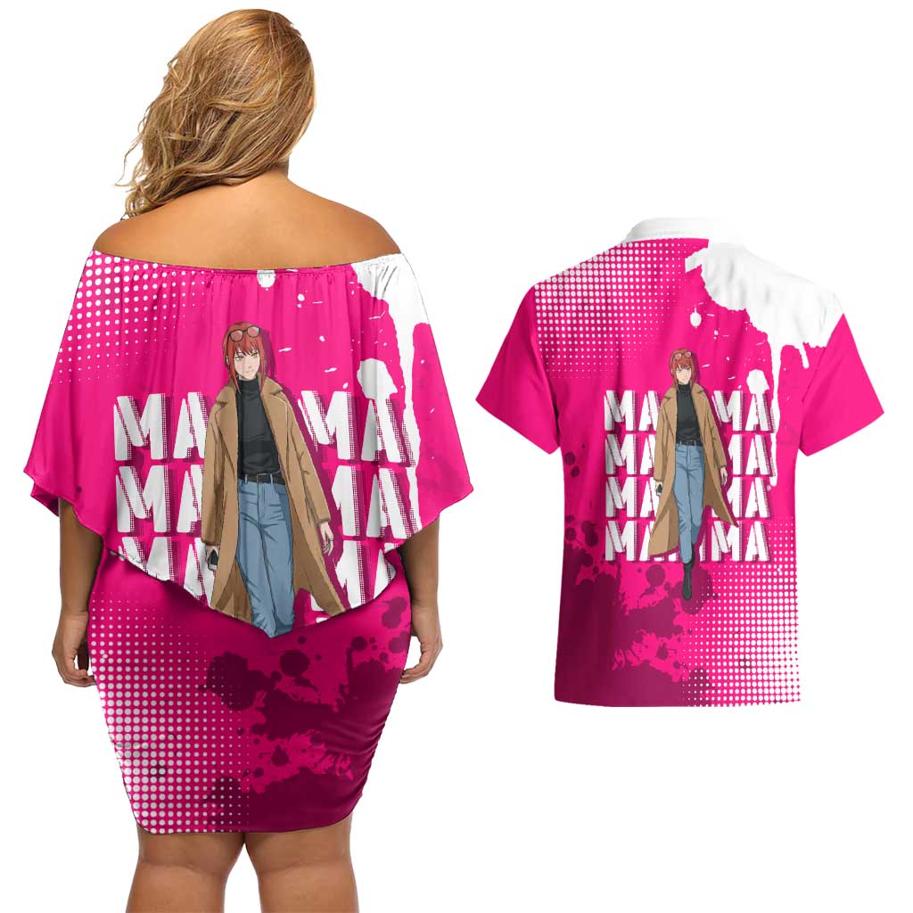 Makima Chainsaw Man Street Style Couples Matching Off Shoulder Short Dress and Hawaiian Shirt Bold Anime Grunge Aesthetic in Hot Pink