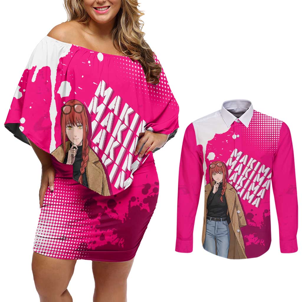 Makima Chainsaw Man Street Style Couples Matching Off Shoulder Short Dress and Long Sleeve Button Shirt Bold Anime Grunge Aesthetic in Hot Pink