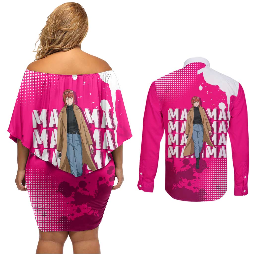Makima Chainsaw Man Street Style Couples Matching Off Shoulder Short Dress and Long Sleeve Button Shirt Bold Anime Grunge Aesthetic in Hot Pink